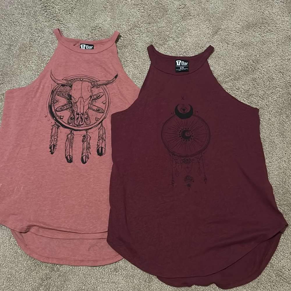 Two Tank tops with designs on front - Maroon & Light Pink. From Cotton On.